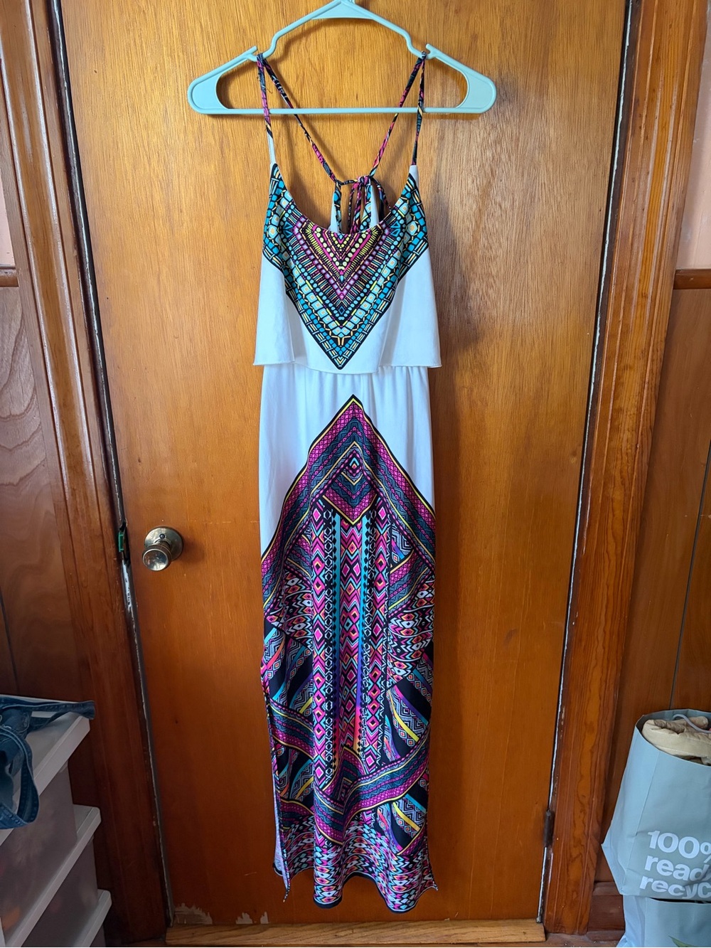 White Maxi Dress with Multicolor Geometric Print
